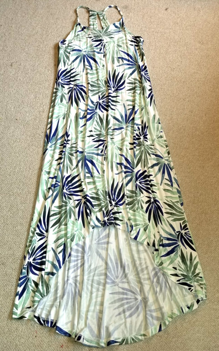 Womens Dress-SIGRID OLSEN-ivory/green tropical knit hi-lo maxi beachy Coastal-M
